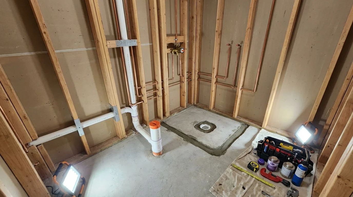 Bathroom rough-in plumbing during remodel by Johns Plumbing LLC in Gibsonton