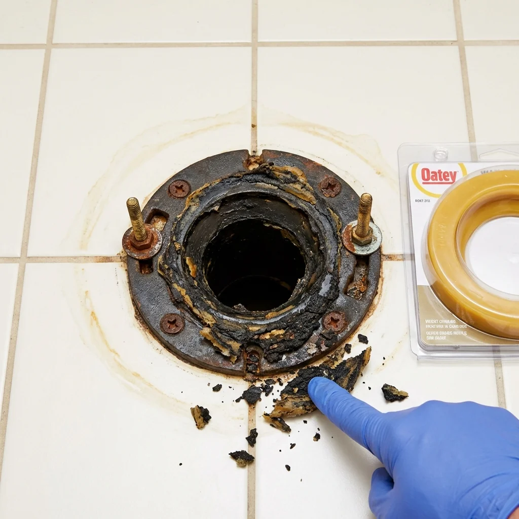 Failed wax ring showing water seepage at the base of a toilet in a Gibsonton, FL home